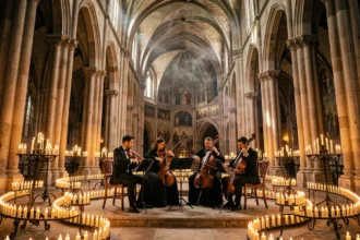 Quatuor à cordes jouant dans une cathédrale lyonnaise illuminée par des centaines de bougies lors d'un concert Candlelight Lyon 2026