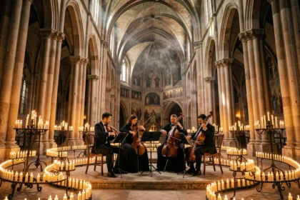 Quatuor à cordes jouant dans une cathédrale lyonnaise illuminée par des centaines de bougies lors d'un concert Candlelight Lyon 2026
