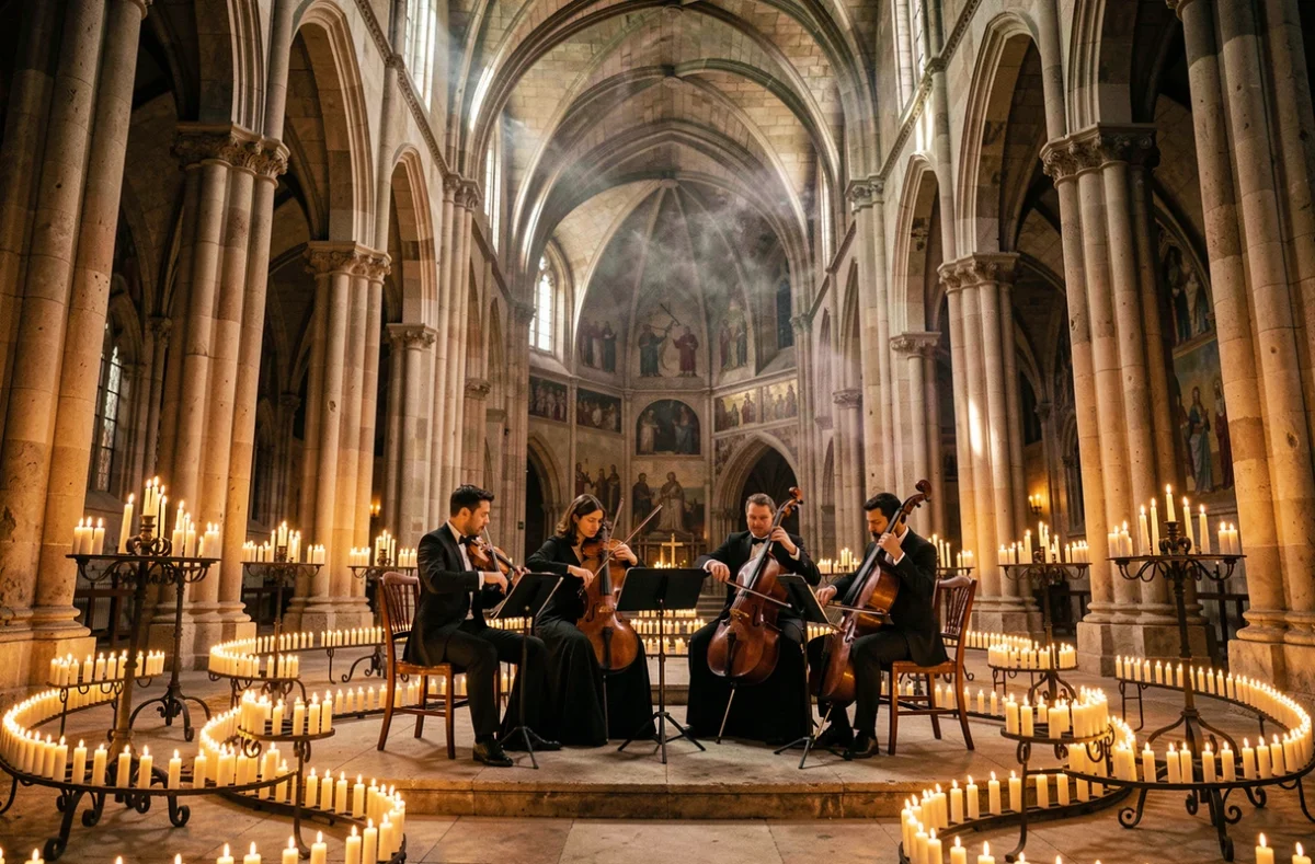 Quatuor à cordes jouant dans une cathédrale lyonnaise illuminée par des centaines de bougies lors d'un concert Candlelight Lyon 2026