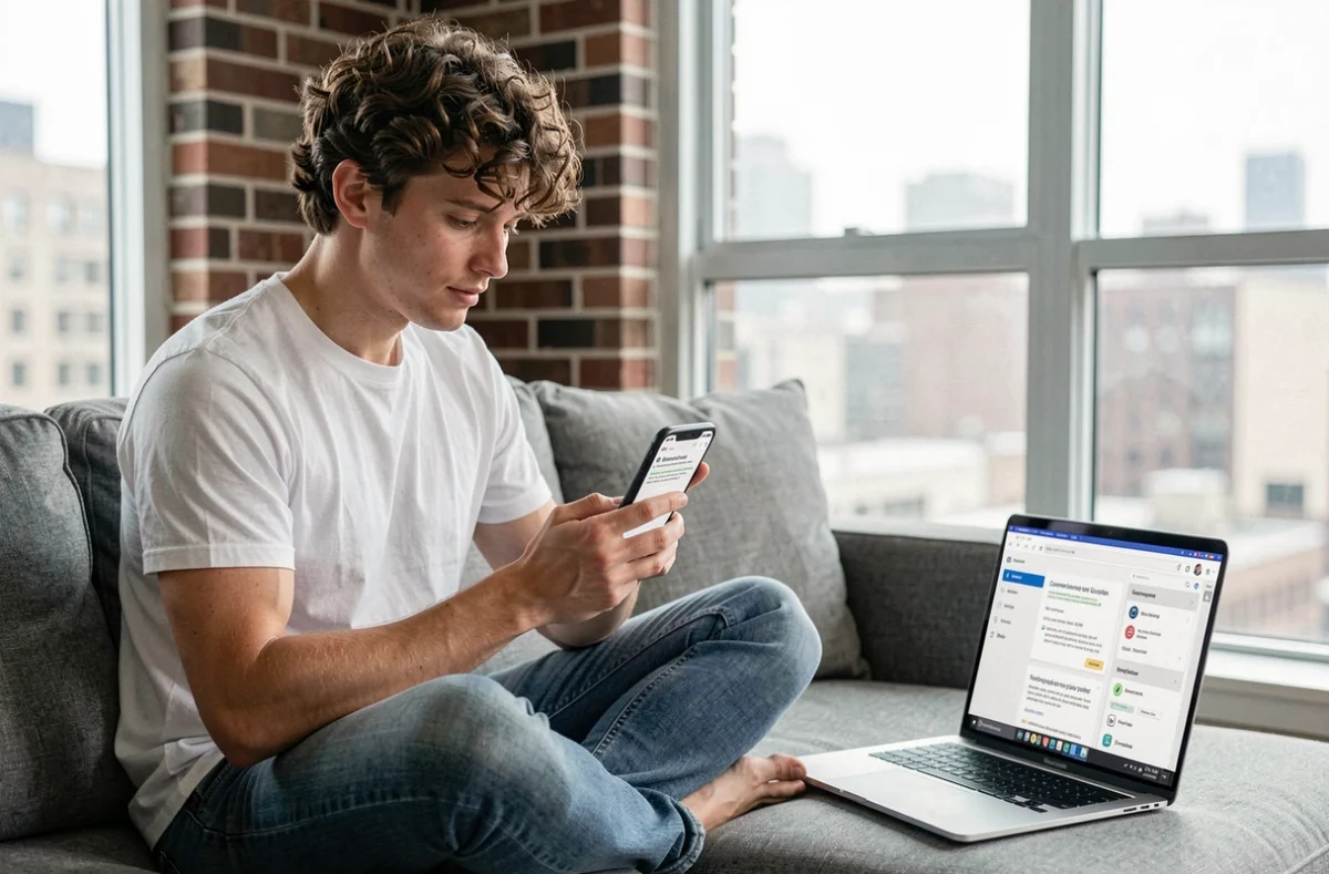 Jeune homme consultant un guide de dépannage sur smartphone pour résoudre une erreur de connexion sur ordinateur