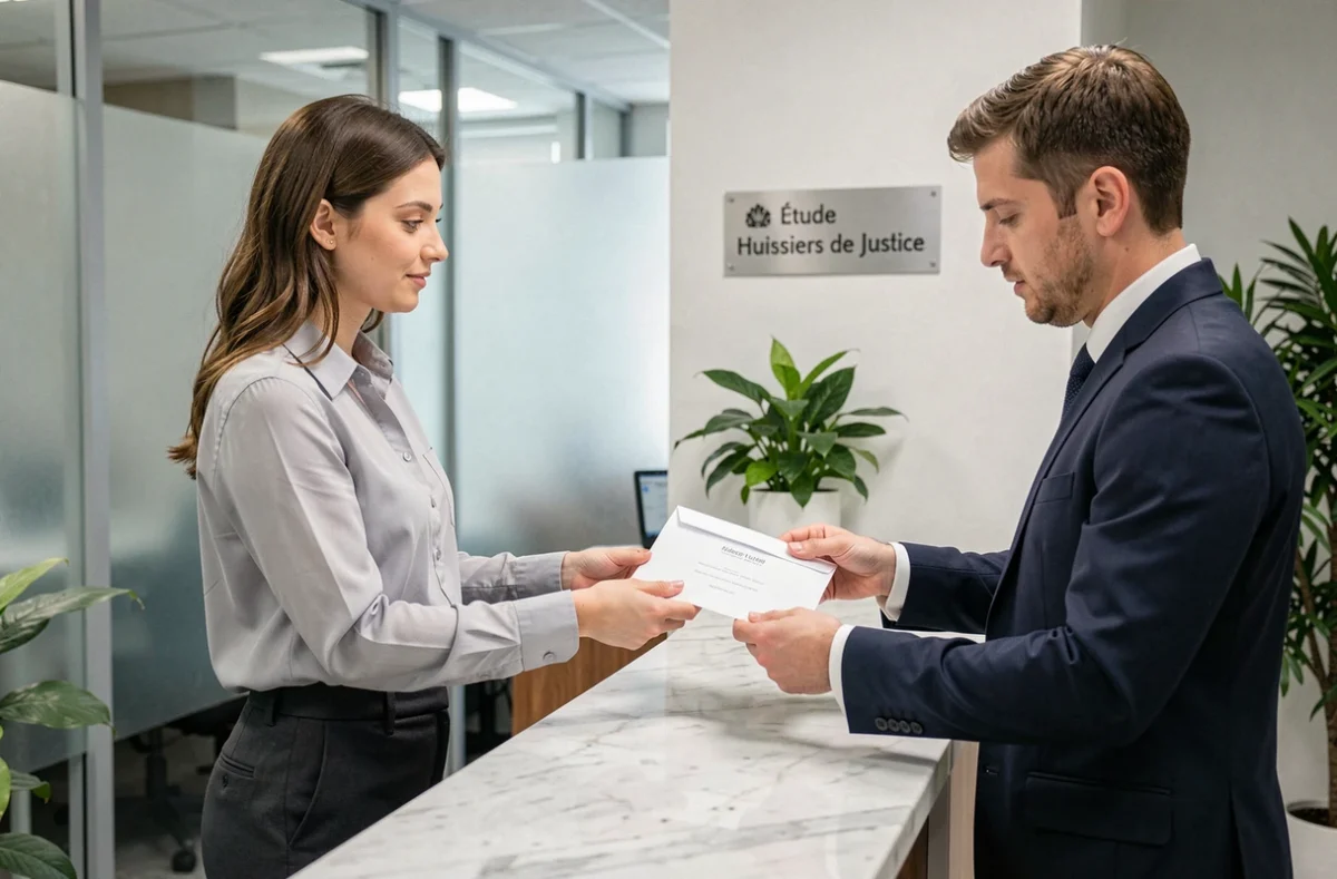 Femme remettant une lettre officielle à l'accueil d'une étude d'huissier de justice