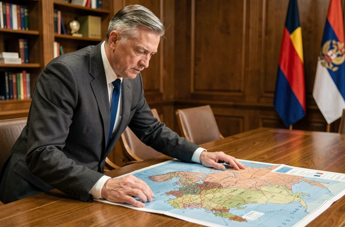 Diplomate examinant une carte physique de la Russie et ses pays voisins lors d'une réunion géopolitique en salle de conférence