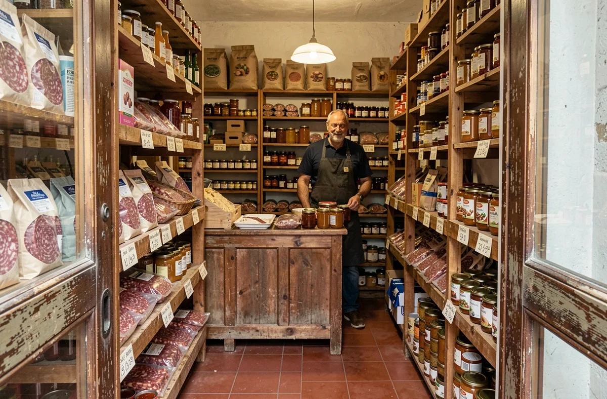 Intérieur d'une épicerie traditionnelle corse avec produits locaux, alternative aux grandes surfaces comme Lidl en Corse