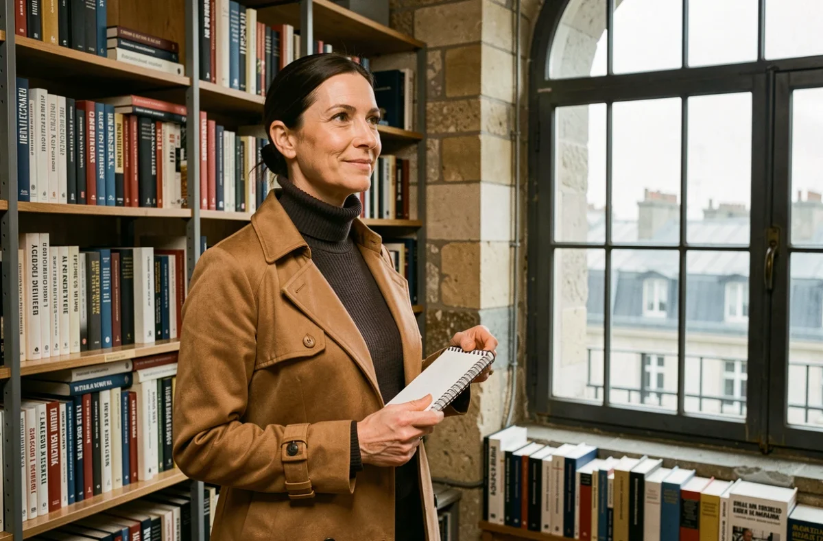 Experte médiatique sur la Russie debout dans une salle de rédaction parisienne tenant un carnet de notes, bibliothèque en arrière-plan