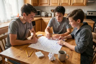 Famille jouant à la bataille navale sur grilles imprimées en papier autour d'une table en bois