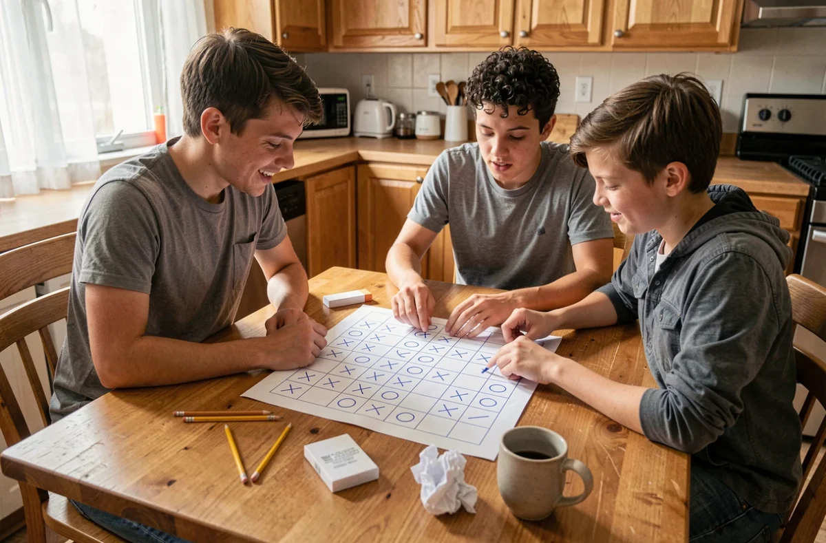 Famille jouant à la bataille navale sur grilles imprimées en papier autour d'une table en bois