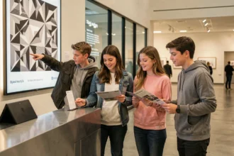Famille achetant des billets à la caisse d'un musée pour visiter l'exposition Escher à Toulouse