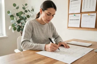 Femme annotant un calendrier papier avec les semaines impaires 2026 dans un bureau à domicile organisé
