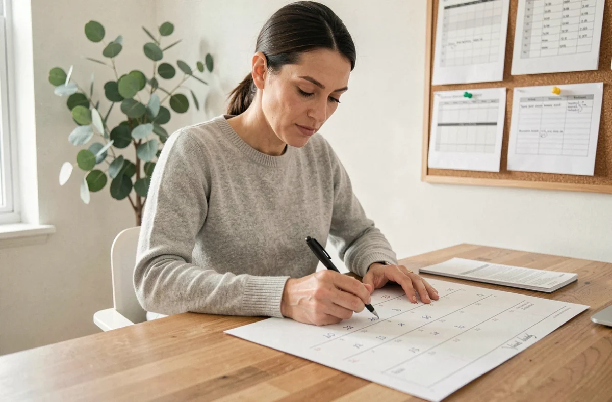 Femme annotant un calendrier papier avec les semaines impaires 2026 dans un bureau à domicile organisé