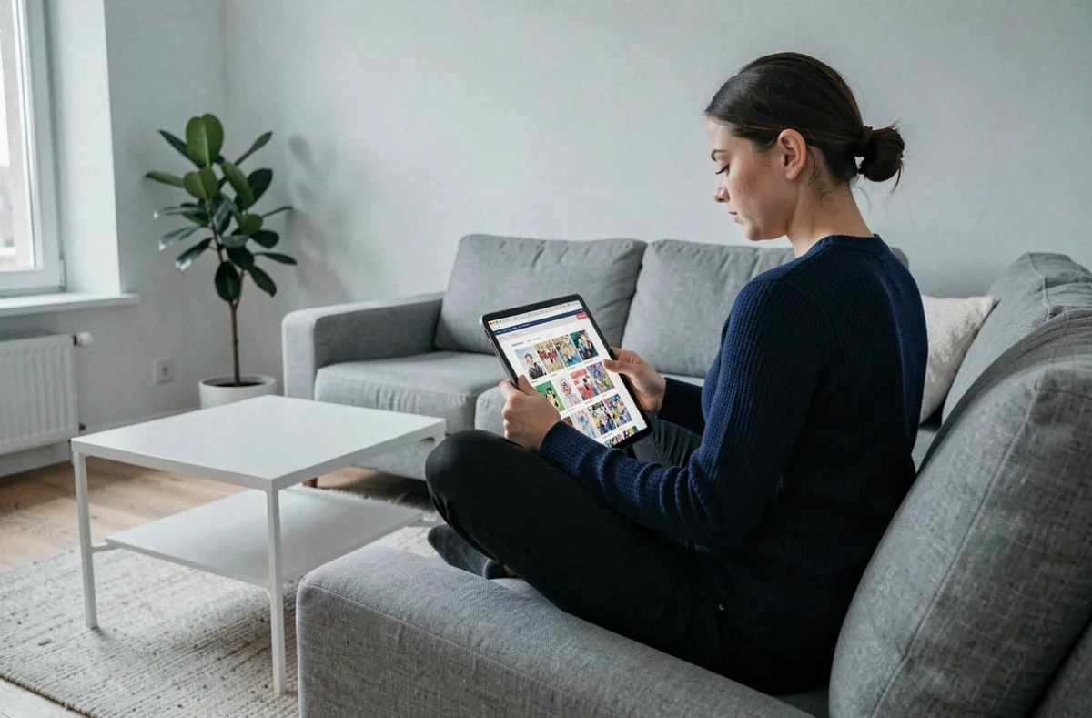 Jeune femme cherchant des sites de scan alternatifs sur une tablette dans un salon moderne