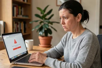 Femme frustrée devant un écran d'ordinateur portable affichant une erreur de connexion Govioz