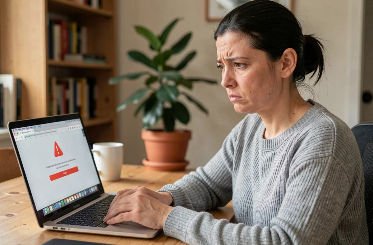 Femme frustrée devant un écran d'ordinateur portable affichant une erreur de connexion Govioz