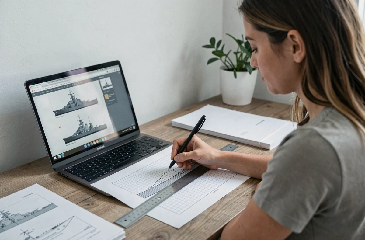 Jeune femme dessinant une grille de bataille navale sur une feuille PDF imprimée à son bureau