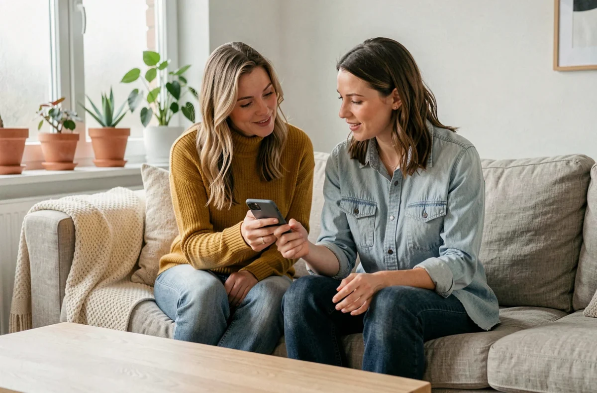 Deux femmes discutant des critères pour choisir un bon voyant en consultant des avis sur un smartphone dans un salon moderne