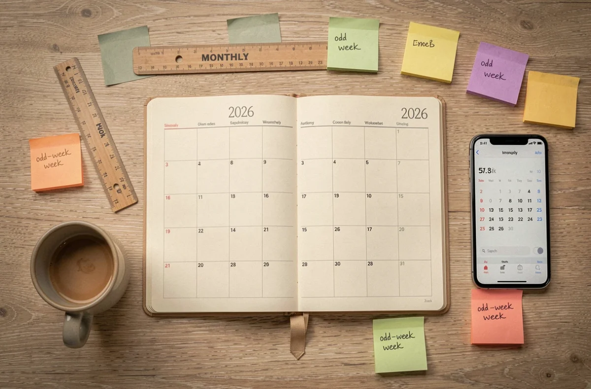 Vue du dessus d'un bureau avec agenda ouvert, smartphone et notes autocollantes pour planifier les semaines impaires 2026