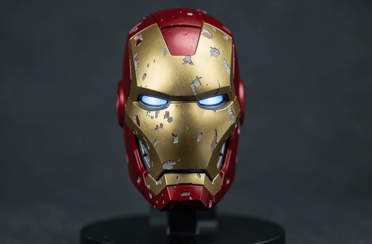 Gros plan casque statue Iron Man articulé avec visière relevée et yeux lumineux bleus