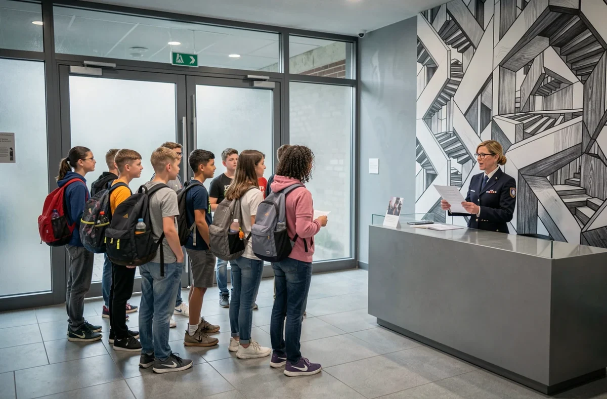 Groupe scolaire avec enseignante gérant une réservation de billets pour l'exposition Escher à Toulouse