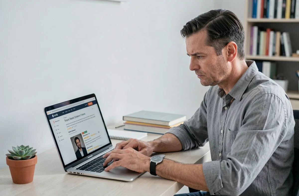 Homme consultant des avis en ligne sur des voyants depuis son bureau à domicile avant de prendre rendez-vous