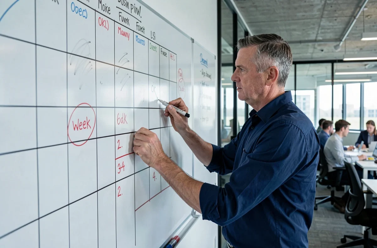 Homme d'affaires planifiant les semaines impaires 2026 sur un tableau blanc en entreprise