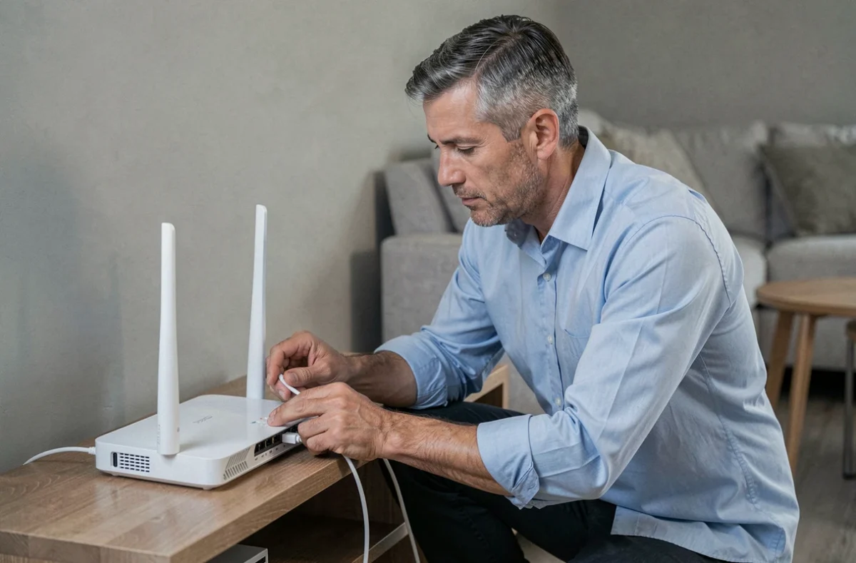 Homme vérifiant les câbles du routeur internet pour résoudre un problème de connexion