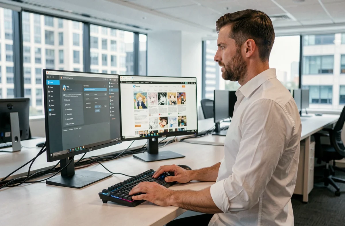 Homme utilisant un VPN pour accéder à un site de scan de manga via des écrans doubles en bureau