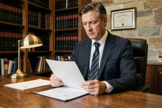 Huissier de justice en costume sombre assis à son bureau examinant un courrier officiel dans un cabinet juridique classique