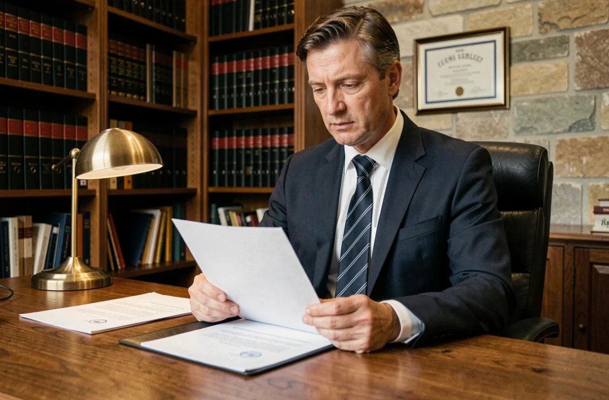 Huissier de justice en costume sombre assis à son bureau examinant un courrier officiel dans un cabinet juridique classique
