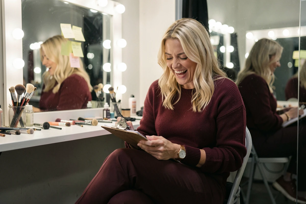 Humoriste comique blonde dans les coulisses d'une salle de spectacle consultant ses notes avant de monter sur scène
