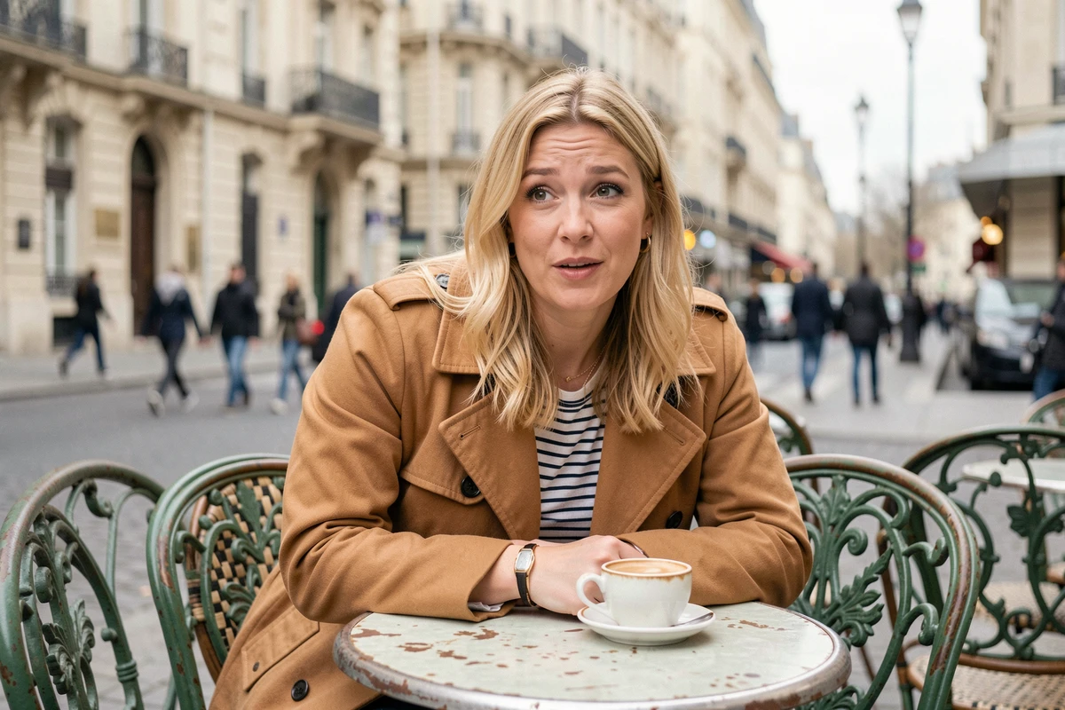 Humoriste française blonde interviewée en terrasse de café parisien portant un trench camel et une marinière