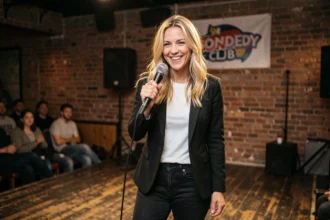 Humoriste française blonde sur scène dans un comedy club tenant un micro avec un sourire espiègle