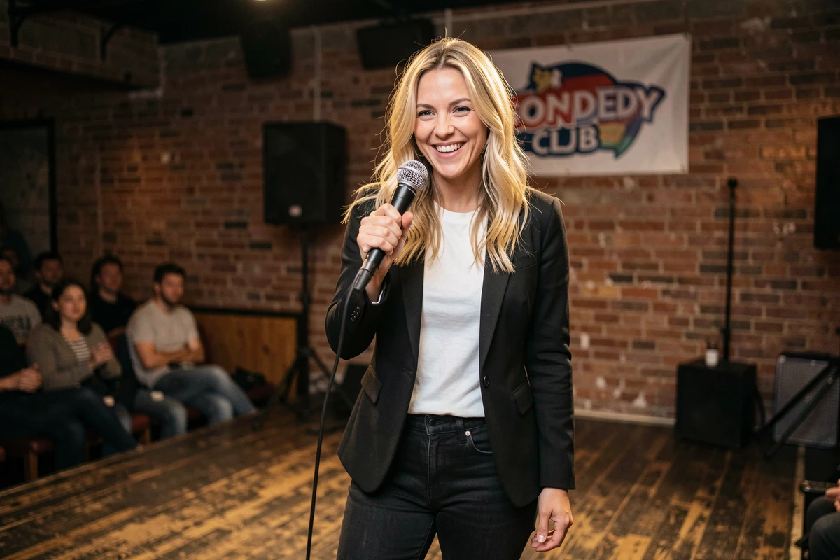 Humoriste française blonde sur scène dans un comedy club tenant un micro avec un sourire espiègle