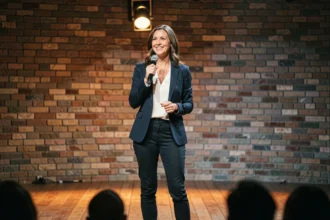 Humoriste française souriante sur scène dans un petit théâtre parisien, tenant un micro lors d'un spectacle comique