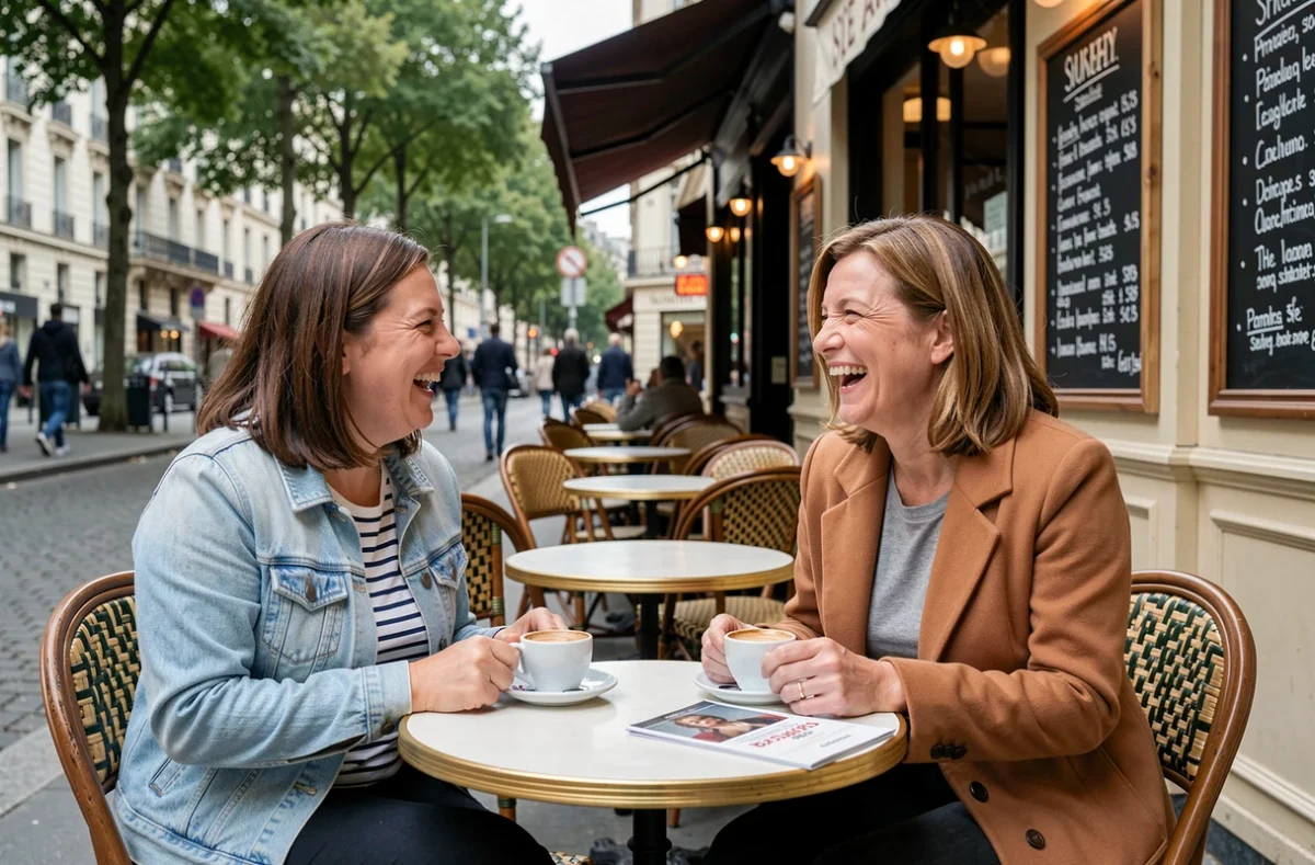 Deux femmes humoristes françaises riant ensemble en terrasse de café à Paris autour d'un programme de spectacle