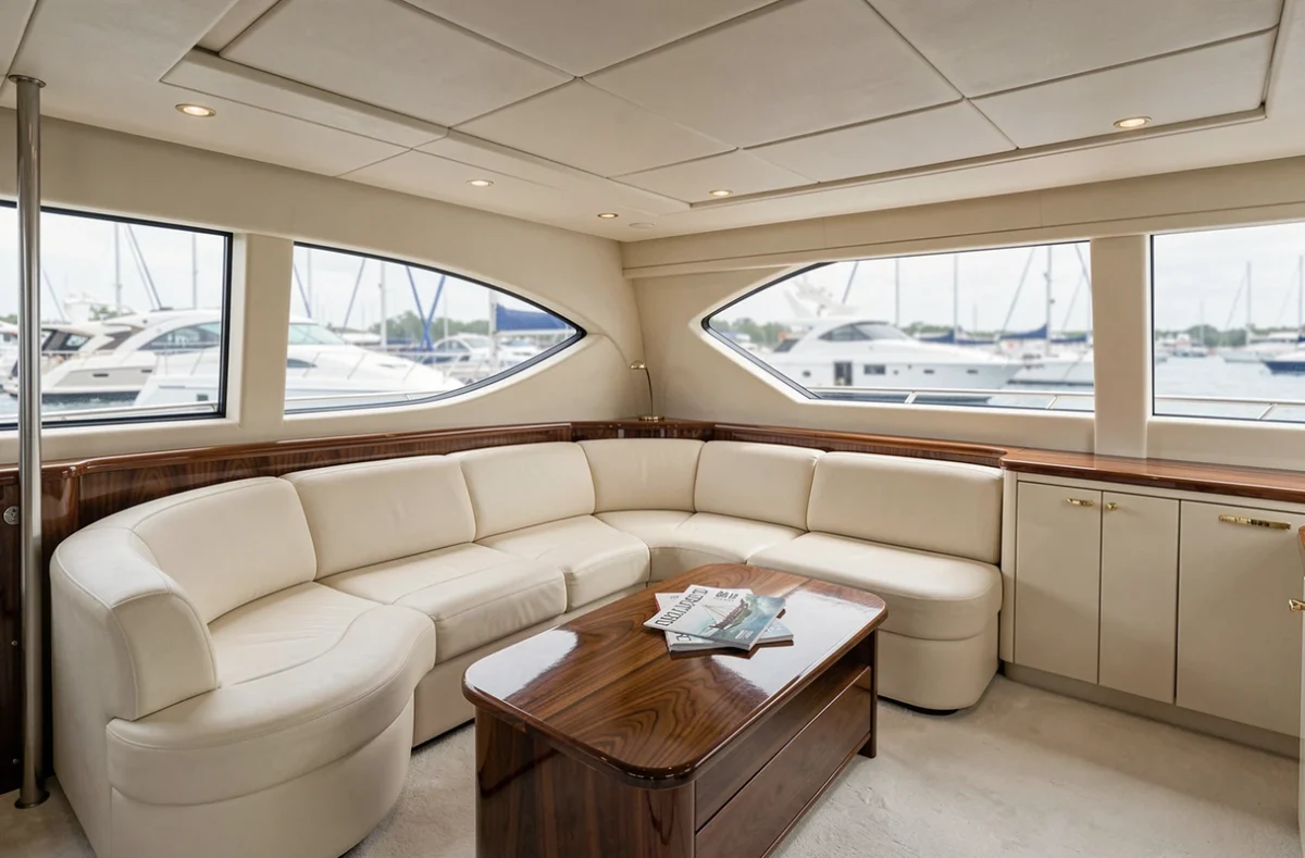 Intérieur luxueux d'un yacht haut de gamme avec canapé en cuir et vue sur la marina, représentant le coût des prestations à bord