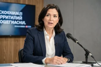 Journaliste française spécialiste de la Russie assise dans un studio de télévision moderne, micro devant elle, expression concentrée et professionnelle