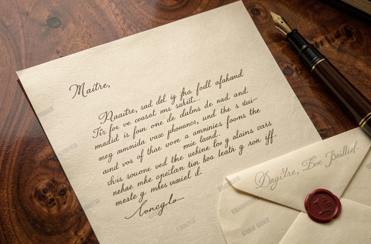 Lettre formelle manuscrite adressée à un huissier avec stylo plume et cachet de cire sur bureau en bois