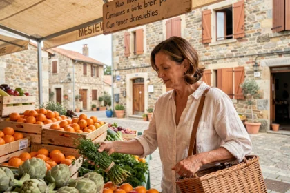 Femme faisant ses courses dans un marché local en Corse, alternative aux supermarchés Lidl absents de l'île