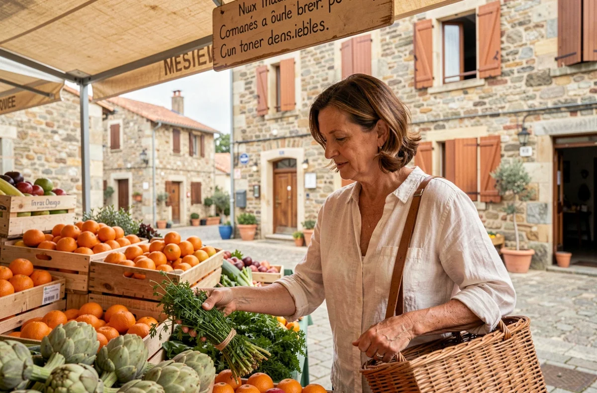 Femme faisant ses courses dans un marché local en Corse, alternative aux supermarchés Lidl absents de l'île