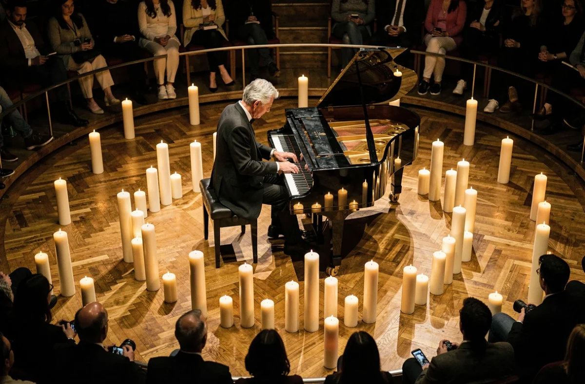 Pianiste en concert Candlelight Lyon 2026 entouré de bougies dans une salle ronde vue en plongée