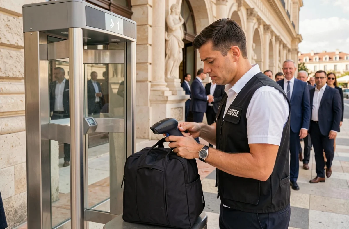 Portique de sécurité et agent de contrôle à l'entrée d'un lieu public à Cannes