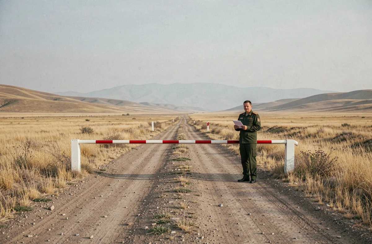 Poste frontière isolé entre la Russie et l'Asie centrale avec un garde en uniforme sur une route de steppe