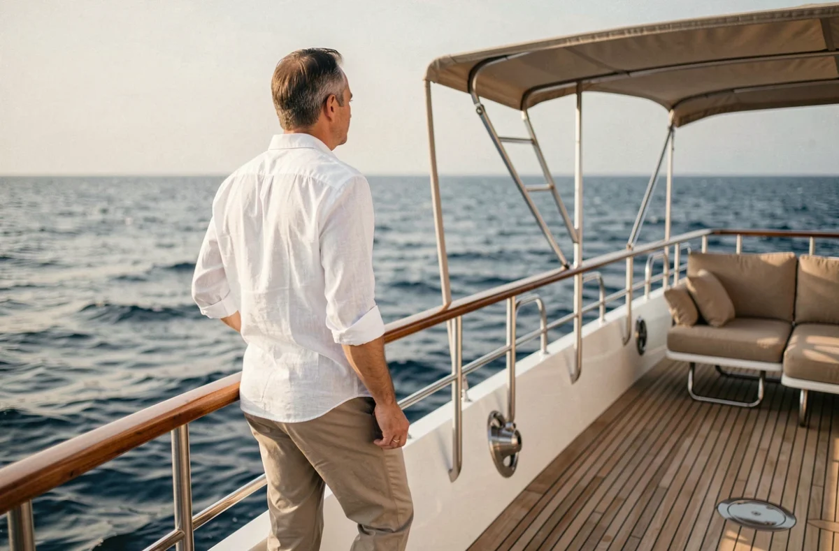 Homme aisé sur le pont arrière d'un yacht privé, illustrant le profil des propriétaires de bateaux de luxe