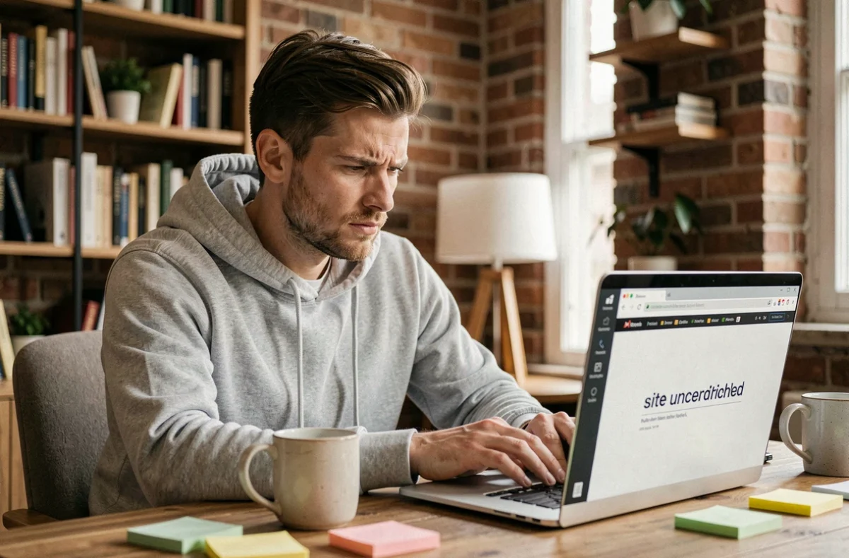 Homme cherchant une alternative à un site de scan inaccessible sur son ordinateur portable