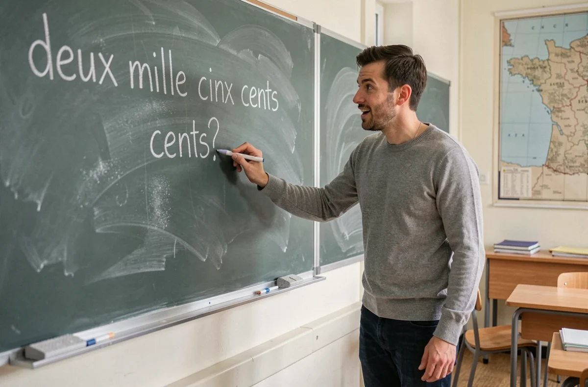 Enseignant écrivant au tableau noir la règle orthographique sur l'accord du mot cent dans les nombres composés en français