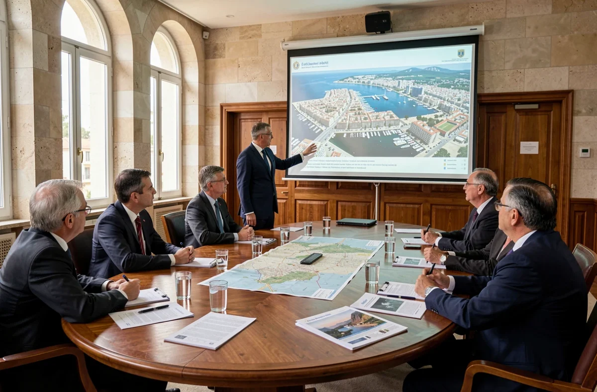 Réunion officielle de sécurité municipale à Cannes avec élus et agents présentant un plan urbain