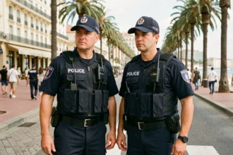 Deux policiers français en uniforme surveillent un point de contrôle de sécurité sur la Croisette à Cannes