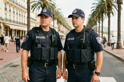 Deux policiers français en uniforme surveillent un point de contrôle de sécurité sur la Croisette à Cannes