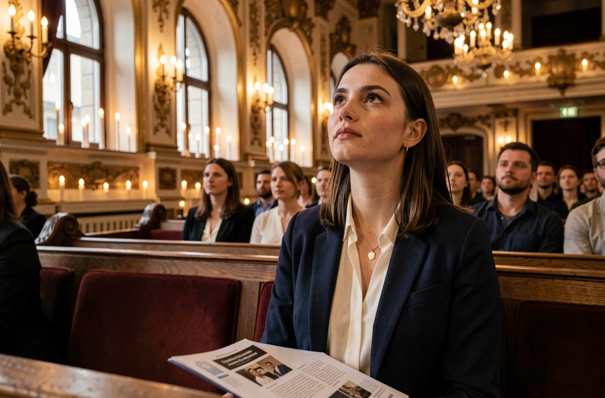 Spectatrice émue lors d'un concert Candlelight à Lyon, assise dans une salle historique illuminée à la bougie