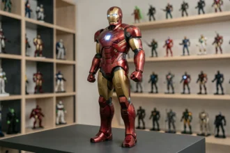 Statue Iron Man lumineuse articulée sur étagère de collectionneur avec réacteur arc bleu