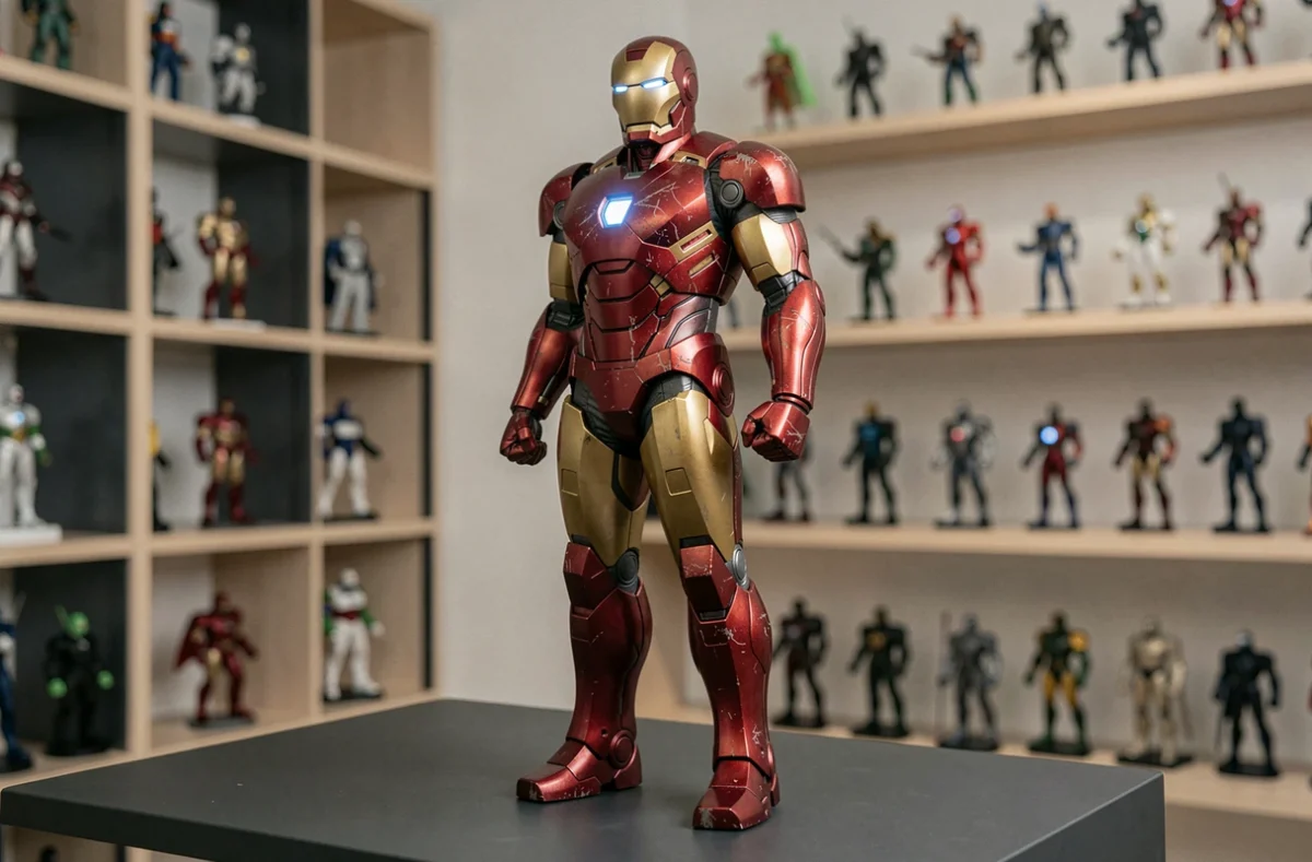 Statue Iron Man lumineuse articulée sur étagère de collectionneur avec réacteur arc bleu